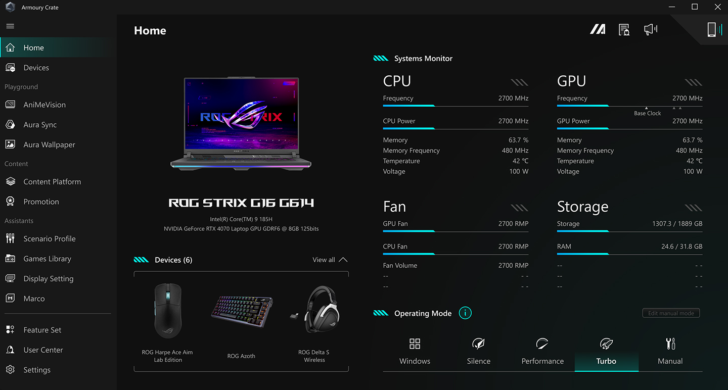 UI of Armoury Crate in ASUS theme